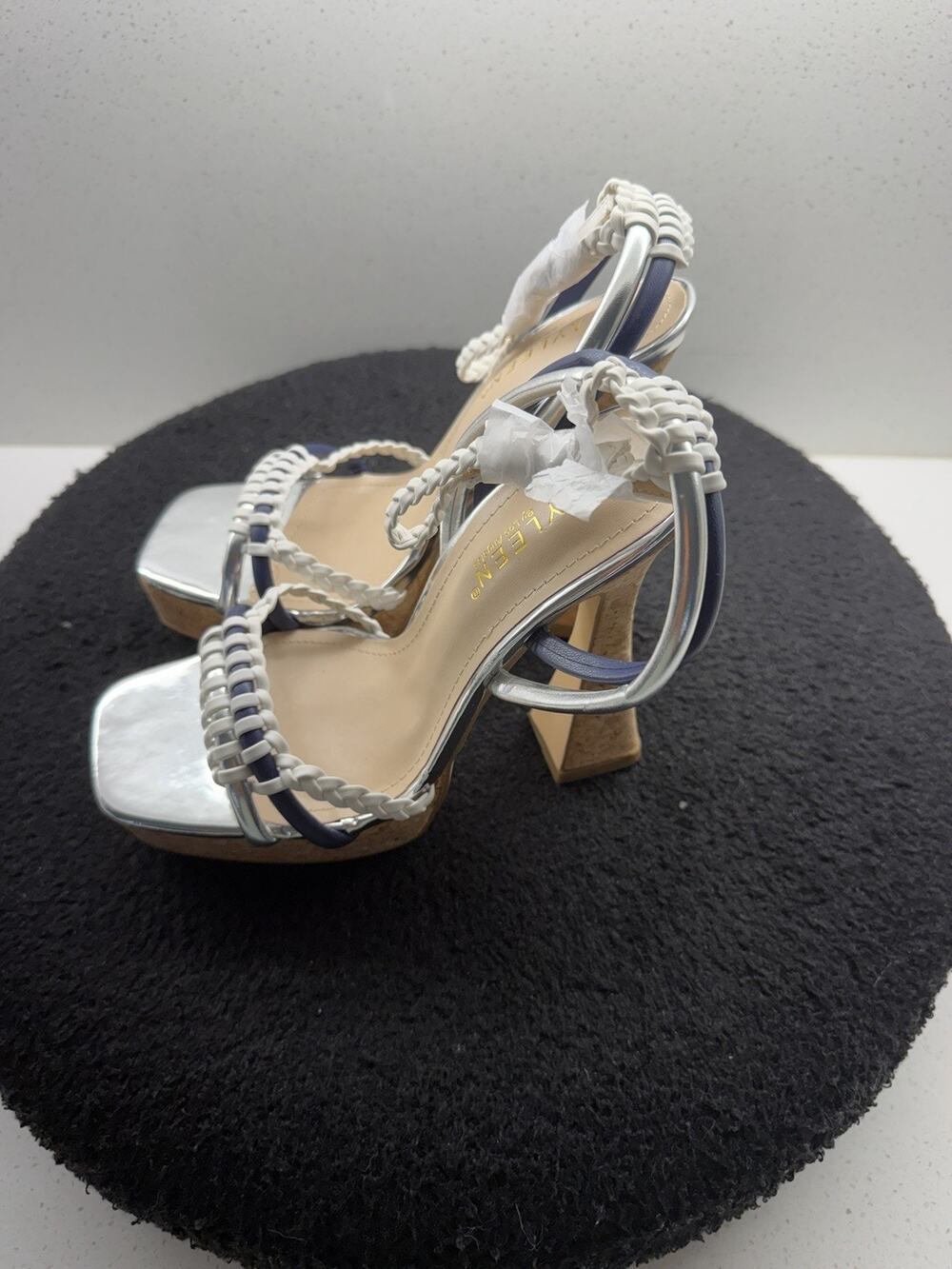Kayleen Silver Navy White Woven Platform Sandals Cork Flare Heels NWOB